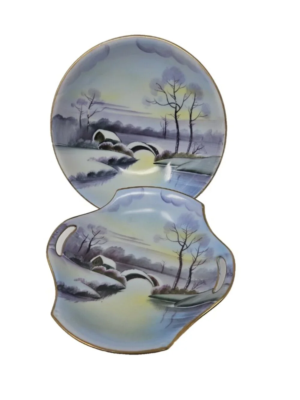 2 Antique Hand Painted Porcelain Winter Cabin On Lake Meito Japan Dish & Bowl